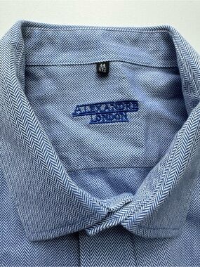 Alexandre London Men’s Dress Shirt Blue Herringbone 17.5/44 Long Sleeve Cotton